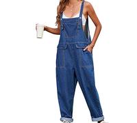 Women Long Casual Loose Denim Bib Overalls Jeans Pants Baggy Rompers Jumpsuits with Pockets, Blue Washed, S Plus