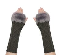 Women Long Fingerless Gloves Winter Knitted Arm Warmers with Thumb Hole Wrist Crochet Hand Warmer Ladies Mittens Girls Thermal Faux Rabbit Fur Crochet Driving Mittens for Christmas Birthday Gift