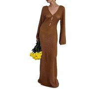 Women Long Knit Dress See Through Hollow Out Bikini Cover Up Dress Crochet Deep V-Neck Backless Beach Dress (Coffee, M)