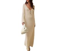 Women Long Knit Dress See Through Hollow Out Bikini Cover Up Dress Crochet Deep V-Neck Backless Beach Dress (Apricot, M)