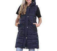 Women Long Line Hooded Puffer Gilet Sleeveless Padded Jacket, Ladies Winter Thick Lined Lightweight Body Warmer, Quilted Gilets Zipper Warm Coat Button Closure With Side Pockets, Navy-Medium