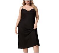 Women Long Nightdress Sexy Sleeveless Strap Nightgown Silky Satin Nighties Ladies Plus Size Solid Color Pajamas with Chest Pad Soft Comfy Sleep Dress Casual Homewear Nightshirts Black