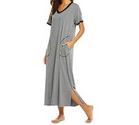 Women Long Nightdress UK Sale Short Sleeve V Neck Tunic Maxi Dress Soft Sleep Dress Elegant Pajamas Loungewear Nightdress Cotton Sleepwear Homewear Jumper Dress Long Nightgown with Pockets Gray