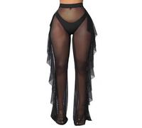 Women Long Pants, See Through Sheer Mesh Loose Bottoms, Elastic High Waist Wide Leg Ruffle Pants, Cover up Sheer Beach Trousers, Sexy Transparent Flared Trousers for Party Rave Performance Costume