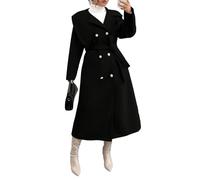 Women Long Pea Coat A-Line Asymmetric Lapel Double Breasted Fall Winter Warm Thicken Parka Outwear Overcoat with Belt (Black,M)