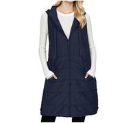 Women Long Puffer Vest Quilted Zipper Coat Lightweight Hooded Windproof Longline Down Jacket Thermal Waistcoat Outerwear Ladies Sleeveless Warm Winter Gilet with Pockets