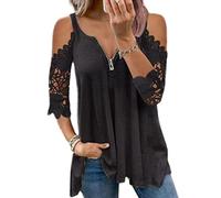 Women Long/Short Sleeve Tops Cold Shoulder Blouse Shirts Lace T Shirt Women's Rhinestone Tunic Short Sleeve Zip Up V Neck Loose Cold Blouse Womens Loose Strappy Cold Shoulder Tops Basic T Shirts