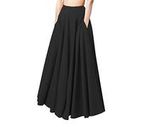 Women Long Skirts, Back Tie Waist Knots Frilly Skirt High Waist Skirts, Casual Two Side Pockets A Line Flowy Maxi Ladies Skirt, Black