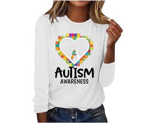 Women Long Sleeve Autism Awareness Letter Print Pullover Casual Round Neck Blouse Heart Pattern T-shirt Summer Long Sleeve Tops Slim Loose T-Shirt, White, L