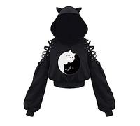 Women Long Sleeve Black Cutout Hoodie Cat Ear Lace Up Crop Top Halloween Hoodie Gothic Punk Pullover Y2K E-Girl Streetwear (A-Black white cat, M)