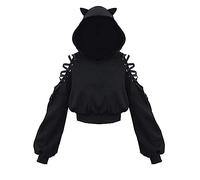Women Long Sleeve Black Cutout Hoodie Cat Ear Lace Up Crop Top Halloween Hoodie Gothic Punk Pullover Y2K E-Girl Streetwear (A-Black, M)
