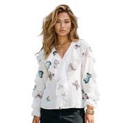 Women Long Sleeve Blouse Button Closure Ruffle Shirt Solid Colour Floral Butterfly Print Elegant V Neck Sexy Casual Office Chiffon Shirt Blouse (Butterfly, 3XL)