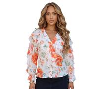 Women Long Sleeve Blouse Button Closure Ruffle Shirt Solid Colour Floral Butterfly Print Elegant V Neck Sexy Casual Office Chiffon Shirt Blouse (Orange Floral, XL)