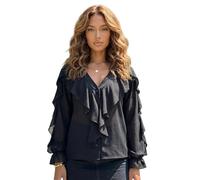 Women Long Sleeve Blouse Button Closure Ruffle Shirt Solid Colour Floral Butterfly Print Elegant V Neck Sexy Casual Office Chiffon Shirt Blouse (Black, 3XL)