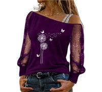 Women Long Sleeve Blouse T-Shirt Sexy Sheer Long Sleeve Loosefit Top T Shirts for Women Casual Sheer Long Sleeve Diagonal Collar T-Shirts Dandelion Print Tee Tops Basic Jumper Blouse for Women