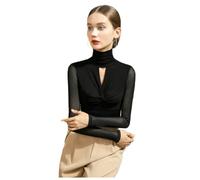 Women Long Sleeve Bodycon Turtleneck Keyhole Tees Top Solid Sexy Sheer Mesh See Through Shirt Elegant Layering Blouse (Black,3XL)