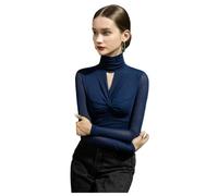 Women Long Sleeve Bodycon Turtleneck Keyhole Tees Top Solid Sexy Sheer Mesh See Through Shirt Elegant Layering Blouse (Dark Blue,3XL)