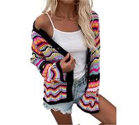Women Long Sleeve Button Down Crochet Knit Colorful Shirt, Knitted Jumper Color Block Tops Autumn Thin Sweater