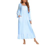 Women Long Sleeve Button Embroideries Victorian Nightgowns Ruffle Cute White Sleep Dress Nightdress Pajamas Dress S-XXL, W-light Blue, XL