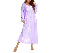 Women Long Sleeve Button Embroideries Victorian Nightgowns Ruffle Cute White Sleep Dress Nightdress Pajamas Dress S-XXL, Purple, XL