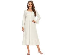 Women Long Sleeve Button Embroideries Victorian Nightgowns Ruffle Cute White Sleep Dress Nightdress Pajamas Dress S-XXL, White, Large