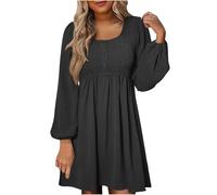 Women Long Sleeve Casual Dress Smocked Round Neck Button Up Empire Waist A-Line Mini Dress Loose Flowy Dress Solid Plain Pleated Dresses Holiday Party Beach Dress Elegant Dress Black