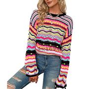 Women Long Sleeve Crochet Colorful Top, Knitted Jumper Color Block Pullover Autumn Thin Sweater