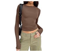 Women Long Sleeve Crop Top Solid Color Casual Basic Slim Fit Crew Neck T Shirt Going Out Tops Streetwear (A-Brown, M)