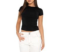 Women Long Sleeve Crop Top Solid Color Casual Basic Slim Fit Crew Neck T Shirt Going Out Tops Streetwear B-Black