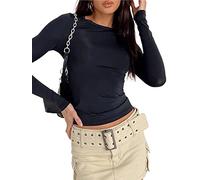 Women Long Sleeve Crop Top Solid Color Casual Basic Slim Fit Crew Neck T Shirt Going Out Tops Streetwear (A-b-Black, L)