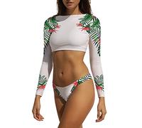 Women Long Sleeve Crop Top Two Piece Bikini Swimsuit Sets Floral Rash Guard Bathing Suit, Green, Medium