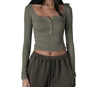 Women Long Sleeve Crop Tops Y2K Ribbed Knitted Bodycon Henley Shirt Casual Basic Solid Tee Shirt Streetwear (01&Green, L)