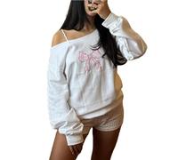 Women Long Sleeve Fall Oversized Sweatshirt Cute Bow Print Off Shoulder Pullover Top for Teen Girls Streetwear (White Pink Bow, M)