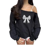 Women Long Sleeve Fall Oversized Sweatshirt Cute Bow Print Off Shoulder Pullover Top for Teen Girls Streetwear (Black White Bow, L)