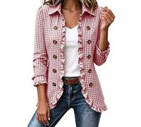 Women Long Sleeve Gingham Shirt Ruffle Frill Trim Open Front Oversized Tops | Casual Loose Plaid Collared Shirts Buttons Double Breasted Style Checkered Shirt Curvy Ladies Longline Blouse Tunic Top