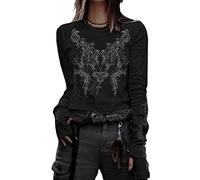 Women Long Sleeve Graphic Print Crop Top Y2k Grunge Slim Fit Shirt Tops for E-Girls Vintage Goth Punk Blouse Top Streetwear (Black 2, L)