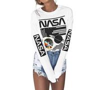 Women Long Sleeve Graphic Shirts NASA Space Letter Print Crew Neck Tee Tops Tshirt, White, XL
