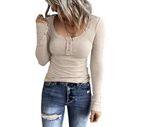Women Long Sleeve Henley T Shirts UK Button Down Slim Fit Casual Tops V-Neck Ribbed Knit Tunic Shirts 2023