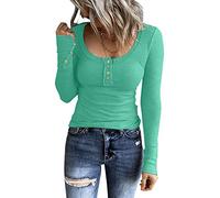 Women Long Sleeve Henley T Shirts UK Button Down Slim Fit Casual Tops V-Neck Ribbed Knit Tunic Shirts 2023