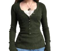 Women Long Sleeve Henley Top Casual Button Up Tunic Blouse Ribbed Slim Shirt Y2K Lace Patchwork Pullover Tops Fairy Grunge Vintage Tees (A Green, L)