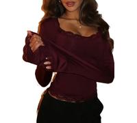 Women Long Sleeve Lace Neckline T Shirts Spring Fall Low Cut Scoop NeckTee Tops Fashion Y2k Solid Cropped Slim Streetwear Blouses (C-Burgundy, M)