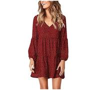 Women Long Sleeve Maxi Dress Boho Polka Dot Short Dress V Neck Lantern Sleeve Dress Empire Waist Dress A-Line Ruffle Midi Dress Casual Loose Solid Color Dress Swing Beach Dress Holiday Sundress Wine