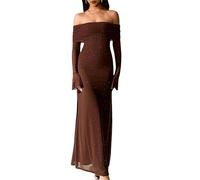 Women Long Sleeve Mesh Off Shoulder Dress Ruched Party Formal Wedding Dresses Sequin Sparkly Glitter Dress(Brown,M)