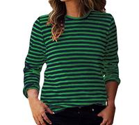 Women Long Sleeve Pullover Tops Striped Colour Block T-Shirt Casual Loose-Fit Comfy Soft Spring Fall Top Crew Neck Tee Shirts Stripe Print Tshirts for Teen Girls Ladies UK S-XXL Green