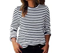 Women Long Sleeve Pullover Tops Striped Colour Block T-Shirt Casual Loose-Fit Comfy Soft Spring Fall Top Crew Neck Tee Shirts Stripe Print Tshirts for Teen Girls Ladies UK S-XXL Navy