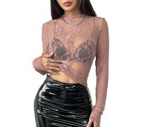Women Long Sleeve See Through Lace Floral Embroidery Going Out Tops Blouse Mesh Sheer Layering Shirt Top Pink M