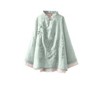 Women Long Sleeve Shirt Vintage Ethnic Style Embroidery Blouse Fold Button Petite Ladies Lightweight Shirts Traditional Chinese Clothing Floral Embroidered Shirts Oriental Tops Green