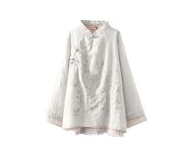 Women Long Sleeve Shirt Vintage Ethnic Style Embroidery Blouse Fold Button Petite Ladies Lightweight Shirts Traditional Chinese Clothing Floral Embroidered Shirts Oriental Tops White