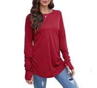 Women Long Sleeve T-Shirts with Thumb Hole Casual Fall Autumn Pullover Tops Thermal Shirts for Ladies UK Solid Crew Neck Base Layer Tee Shirt Longline Blouse Soft Comfy Tshirt Red