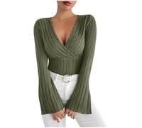Women Long Sleeve Tops Jumper for Womens Slim Fit Ladies Wrap Deep V Neck Cropped Sweaters Sexy Knit Cross Top T Shirts Bell Sleeves Pullover Sweater Tops Fashion Soft Jumper Outdoor Army Green